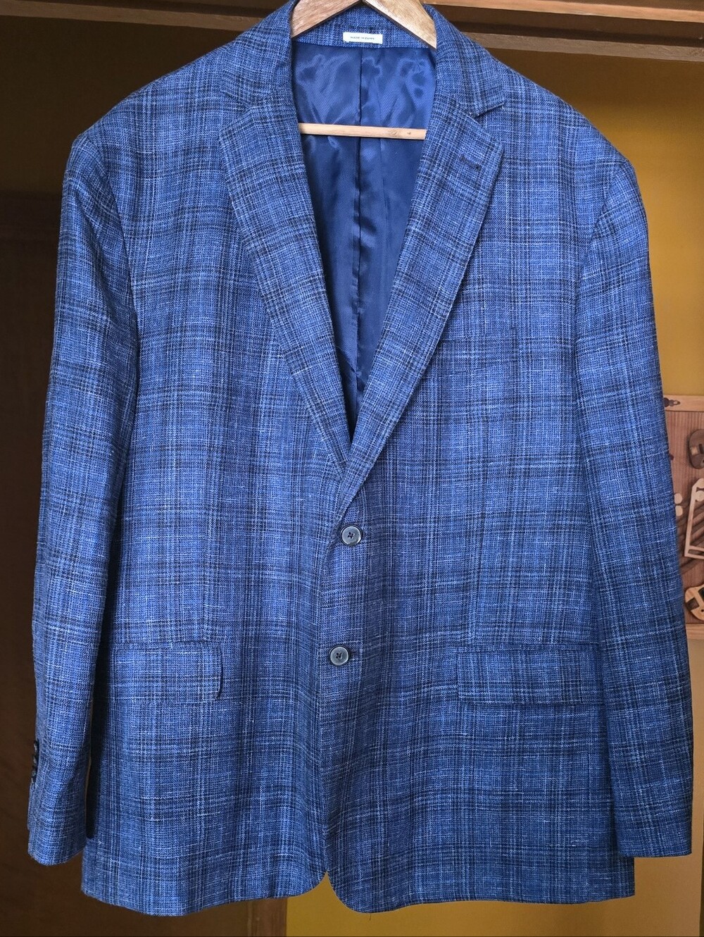 48R Joseph Abboud Heritage Blue Plaid Wool Silk Linen Blazer E Thomas Italy